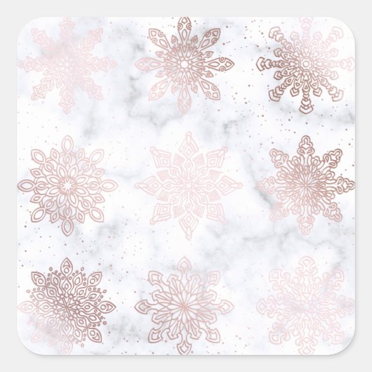 Rose Gold & Marmor Snowflake Weihnachtsmuster Quadratischer Aufkleber (Vorderseite)