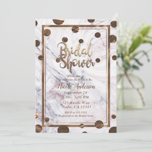 Rose Gold Marmor Swirl Bronze Kupfer Brautparty Einladung (Stehend Vorderseite)