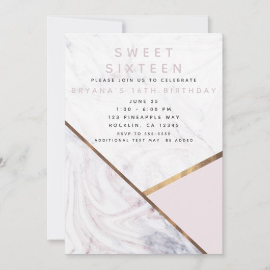 Rose Gold Marmor Swirl Rosa Bronze Sweet 16 Einladung (Vorderseite)