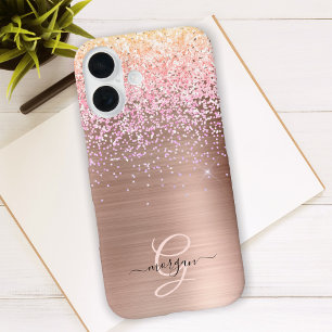 Rose Gold Metal, Glitzer, Skriptname und Monogramm iPhone 16 Hülle