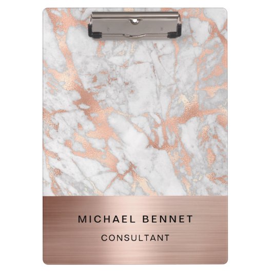 Rose Gold Metal White Marble Consultant Business Klemmbrett (Vorderseite)