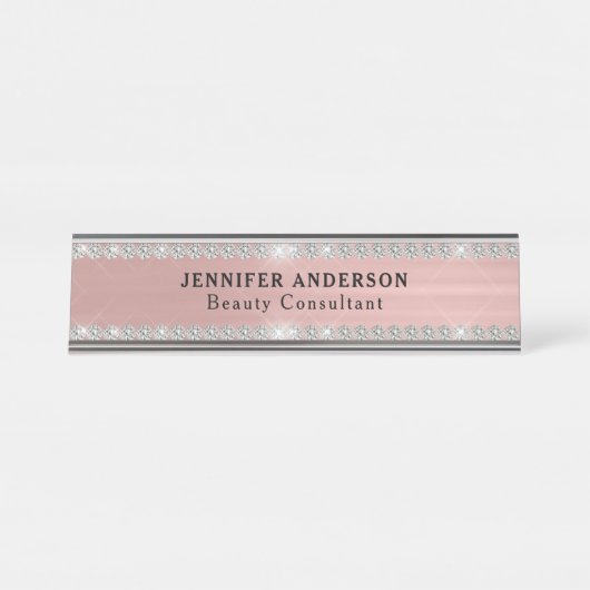 Rose-Gold-Metall und Glitzer-Diamant Schreibtischnamensplakette (Vorderseite )