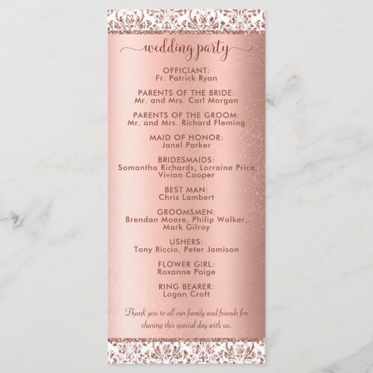 Rose Gold Metallic Damask Glam Wedding Programm (Rückseite)
