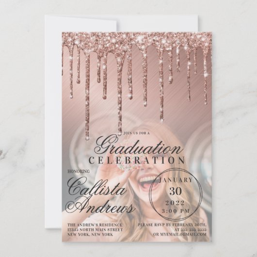 Rose Gold Metallic Glitzer Tropfen Foto Abschluss Einladung (Vorderseite)
