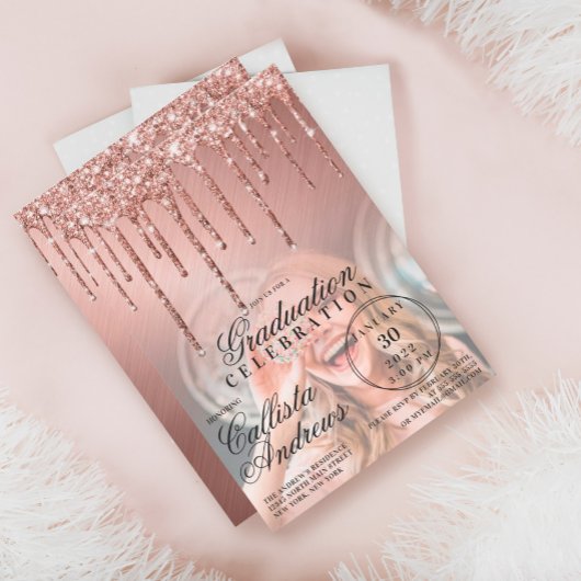 Rose Gold Metallic Glitzer Tropfen Foto Abschluss Einladung