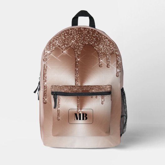 Rose Gold Metallic Glitzer Tropfen Mit Monogramm Bedruckter Rucksack (Vorderseite)