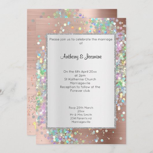 ROSE GOLD METALLIC HOLOGRAPHIC PASTEL WEDING EINLADUNG (Vorne/Hinten)