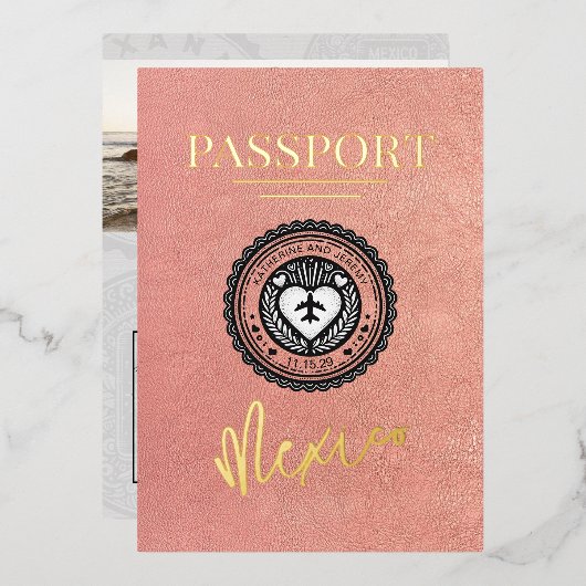 Rose Gold Mexico Passport Hochzeit Folieneinladung (Vorderseite/Rückseite)