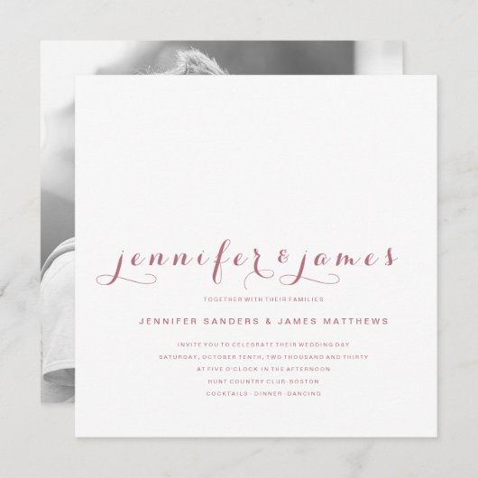 Rose Gold Minimal Script Modernes Foto Hochzeit Einladung (Vorne/Hinten)
