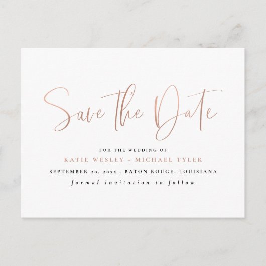 Rose Gold Minimale Typografie Save the Date Ankündigungspostkarte (Vorderseite)