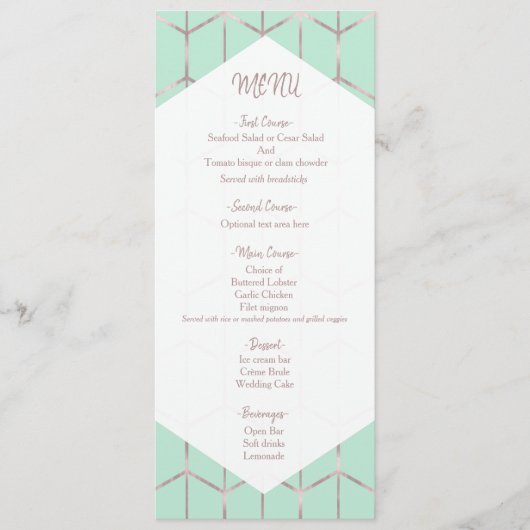 Rose Gold Mint Green Chic Geometric Wedding Menu Menükarte (Vorderseite)