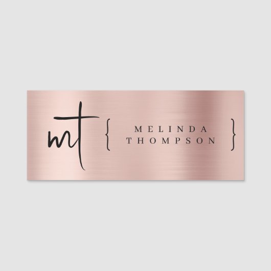 Rose Gold Mit Monogramm Initialen Script Typografi Namensschild (Vorderseite)