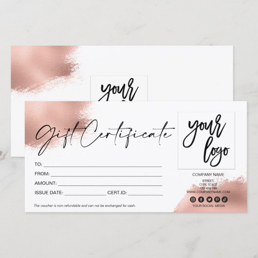 Rose Gold Moderne Geschenkgutschrift Logo hinzufüg (Vorne/Hinten)