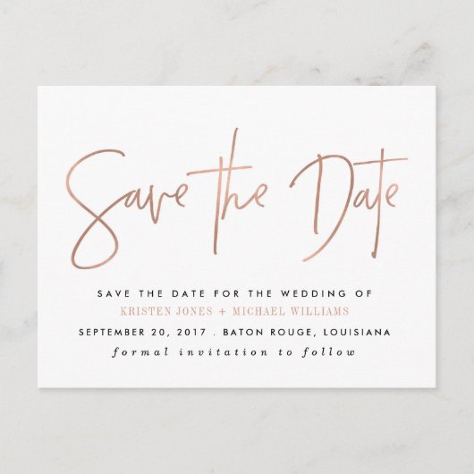 Rose Gold Moderne Save the Date Ankündigungspostkarte (Vorderseite)