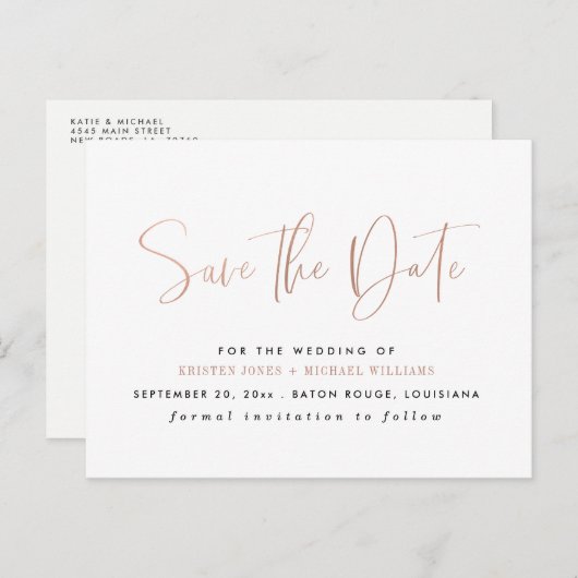 Rose Gold Moderne Typografie Save the Date Ankündigungspostkarte (Vorne/Hinten)