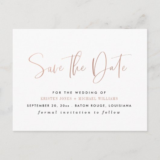 Rose Gold Moderne Typografie Save the Date Ankündigungspostkarte (Vorderseite)