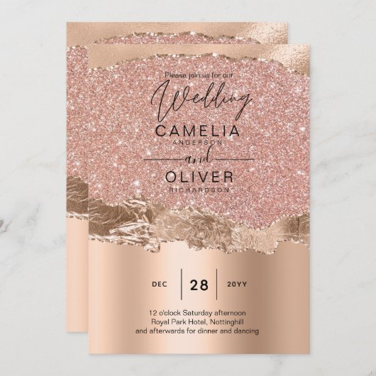 Rose Gold Moderner Glamour Hochzeitsempfang Einladung (Vorne/Hinten)