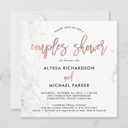Rose Gold Modernes Drehbuch | Dusche aus Marmor Einladung (Vorderseite)