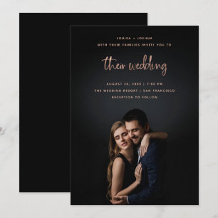 Rose Gold Modernes Drehbuch mit Foto Hochzeit Einladung