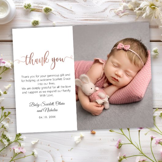 Rose Gold Modernes Script Baby Foto Vielen Dank Postkarte