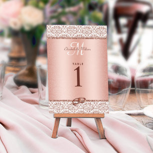 Rose Gold Monogram Damask Glitzer Elegante Hochzei Tischnummer