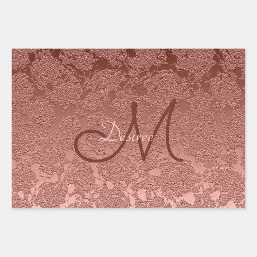 Rose Gold Monogram Elegante Art Blumenmuster Geschenkpapier Set (Vorderseite 2)