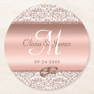 Rose Gold Monogram Elegante Hochzeit Runder Pappuntersetzer