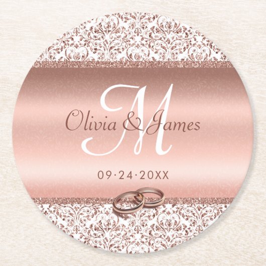 Rose Gold Monogram Elegante Hochzeit Runder Pappuntersetzer (Vorderseite)