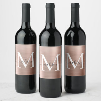 Rose Gold Monogram Girly Script Metallic Steel Weinetikett