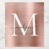 Rose Gold Monogram Girly Script Metallic Steel Weinetikett (Einzelnes Label)