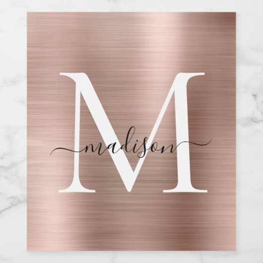 Rose Gold Monogram Girly Script Metallic Steel Weinetikett (Einzelnes Label)