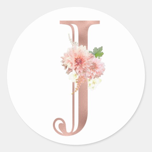 Rose Gold Monogram Letter J Rosa Blume Foil Runder Aufkleber (Vorderseite)