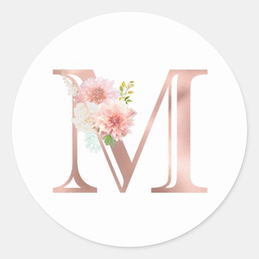 Rose Gold Monogram Letter M Rosa Blume Foil Runder Aufkleber (Vorderseite)