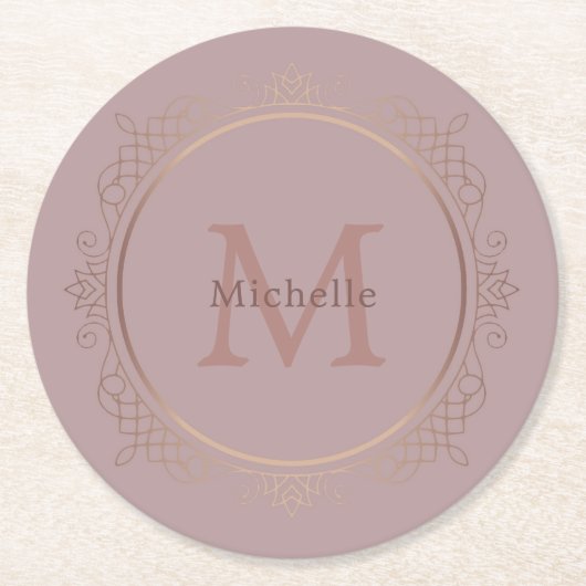 Rose Gold Monogram Personalisiert Elegant Template Runder Pappuntersetzer (Vorderseite)