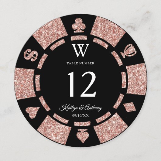 Rose Gold Monogram Poker Chip Casino Wedding Einladung (Vorderseite)