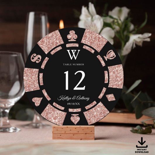 Rose Gold Monogram Poker Chip Casino Wedding Einladung