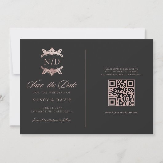 Rose Gold Monogram Qr Code Wedding Save The Date (Vorderseite)