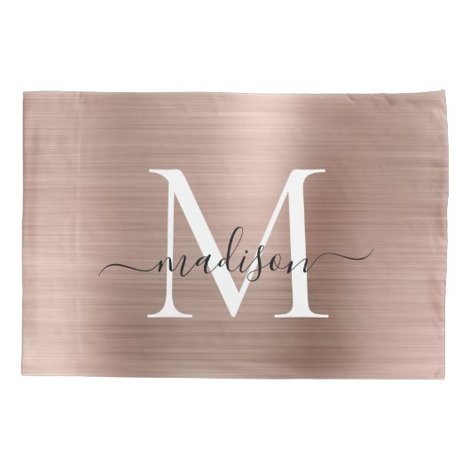 Rose Gold Monogram Script Elegant Brushed Metal Kissenbezug (Rückseite)