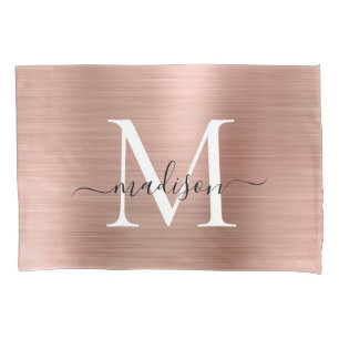 Rose Gold Monogram Script Elegant Brushed Metal Kissenbezug