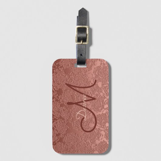 Rose Gold Monogram Script Moderne Elegante Blumens Gepäckanhänger (Vorderseite Vertikal)