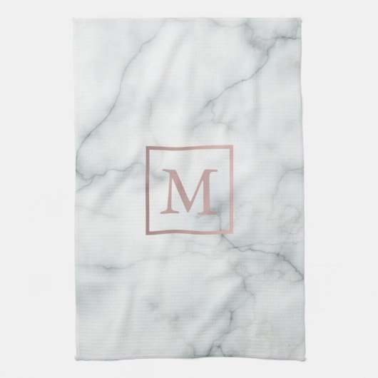 Rose Gold Monogramm auf weißem Marmor Handtuch (Vertikal)