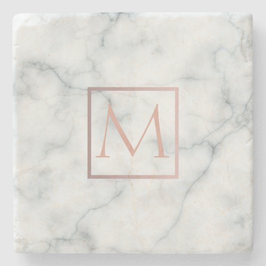 Rose Gold Monogramm auf weißem Marmor Steinuntersetzer (Vorderseite)