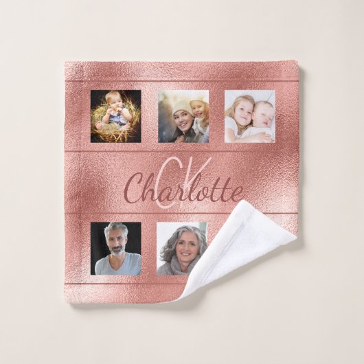 Rose Gold-Monogramm-Foto-Collage Badhandtuch Set (Waschlappen)