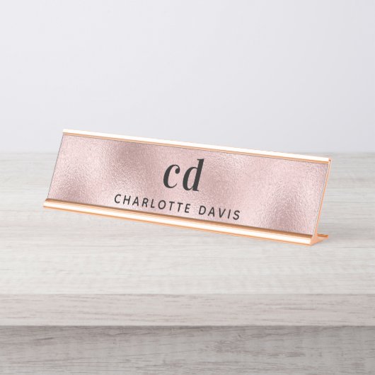 Rose Gold Monogramm Initialen minimalistisch Schreibtischnamensplakette (Vorderseite )