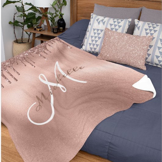 Rose Gold Monogramm Personalisierter Glitzer Fleecedecke