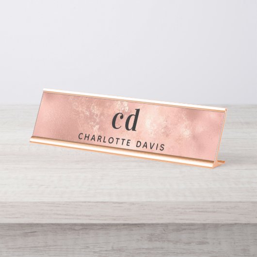 Rose Gold monogramm rustikaler Luxus Schreibtischnamensplakette (Vorderseite )
