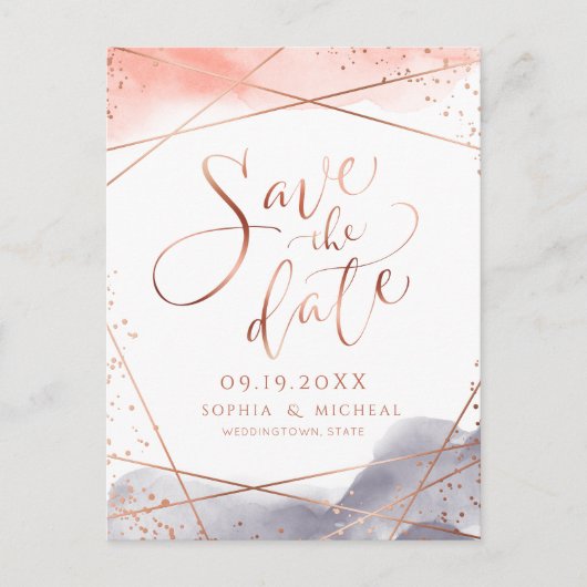 Rose Gold Morgendämmerung Wasserfarben Save the Da Postkarte (Vorderseite)