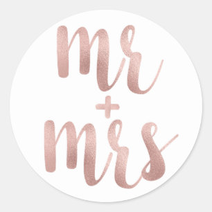 Rose Gold Mr. & Mrs. Aufkleber, Folie Schriftart Runder Aufkleber