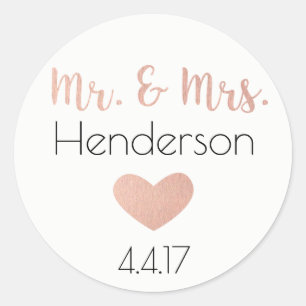 Rose Gold, Mr. & Mrs. Stickers- Gastgeschenke Hoch Runder Aufkleber