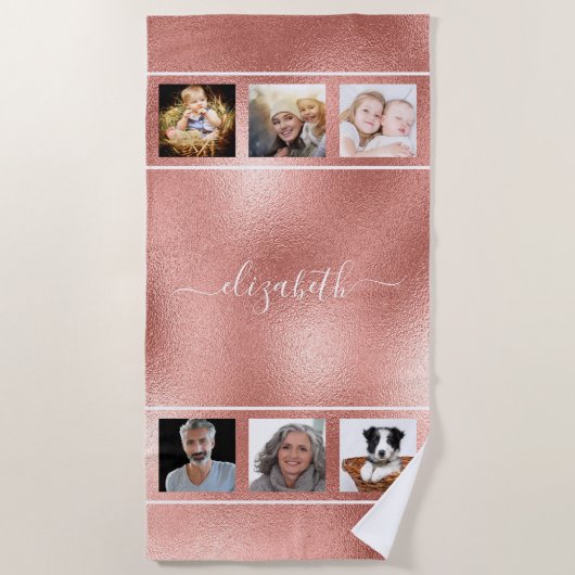 Rose Gold Name Skript Foto Collage Strandtuch (Vorderseite)